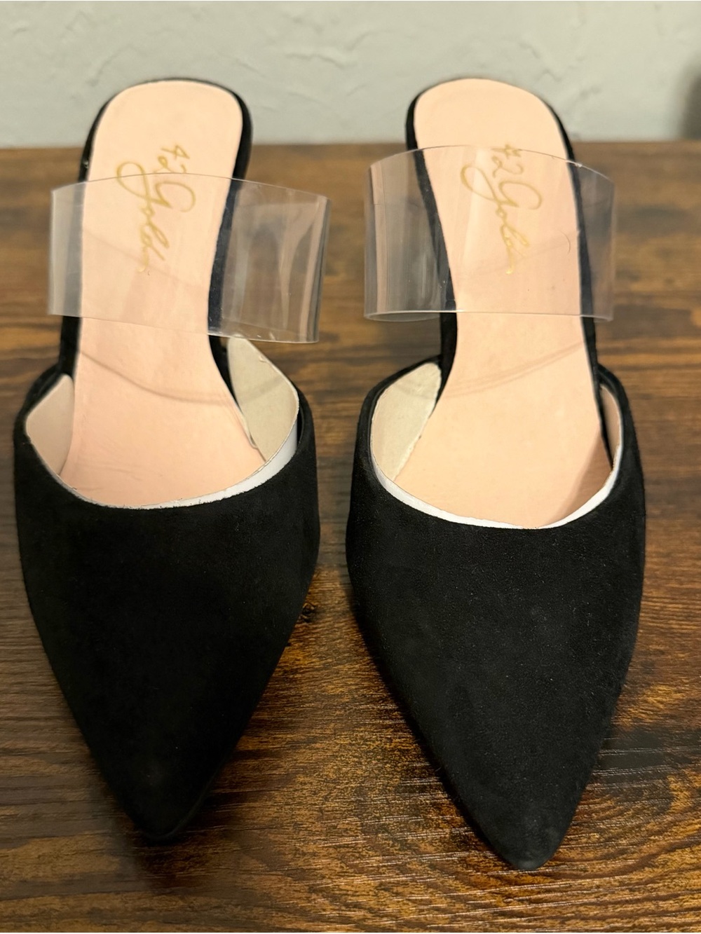 42 Gold Clear Strap Black Pointed Mule